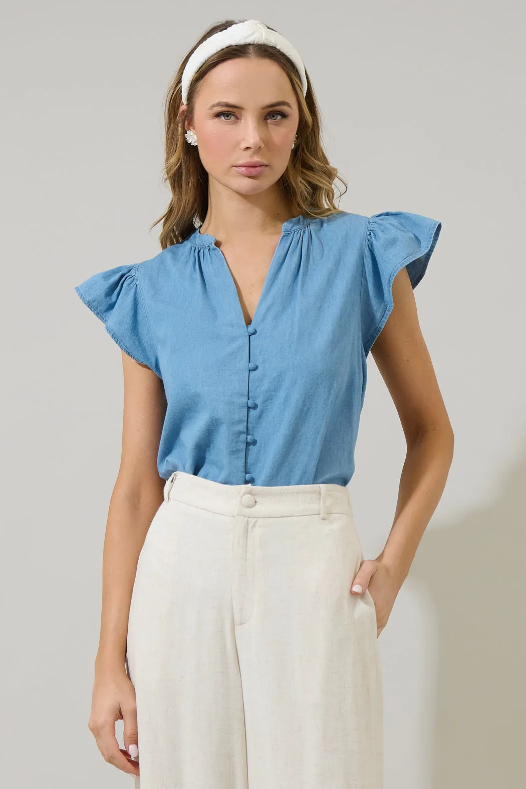 Haysville Chambray Split Neck Top sold by Sugarlips