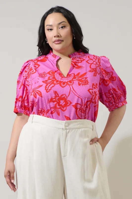 Weirly Floral Terri Puff Sleeve Top Curve made by Sugarlips