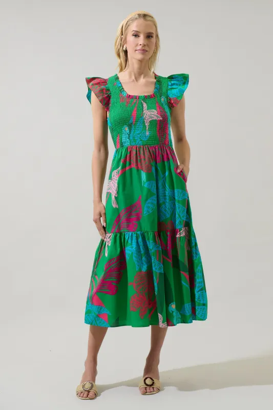 Meig Tropical Giza Glare Smock Tiered Midi Dress sold by Sugarlips