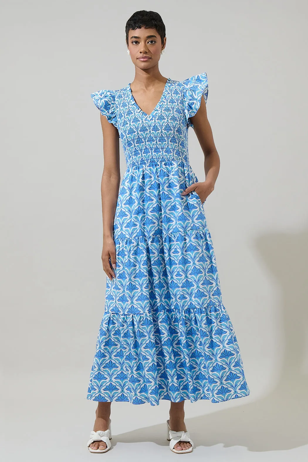 Elyse Geo Sunfire Tiered Midi Dress sold by Sugarlips