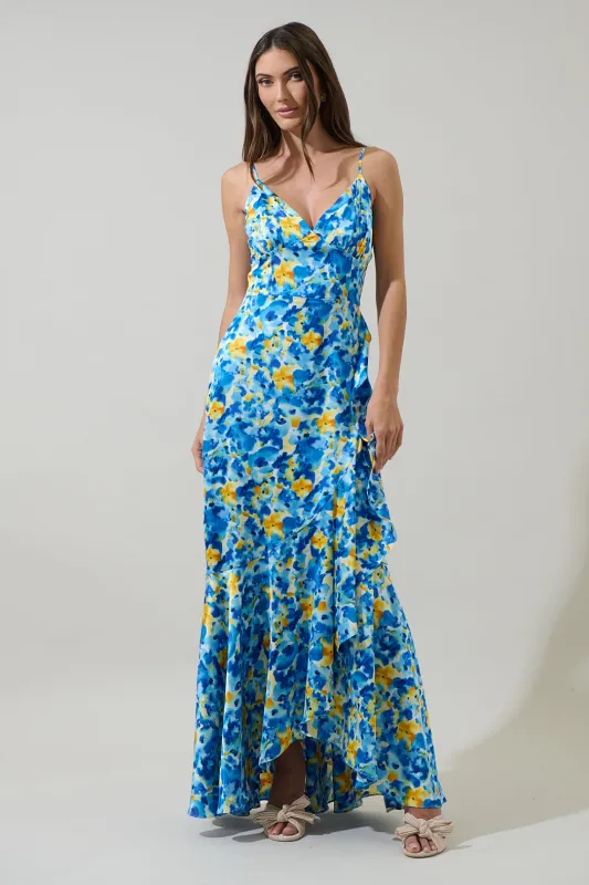 Zia Floral Satin Doris Ruffle Maxi Dress sold by Sugarlips
