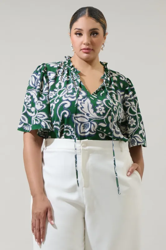 Harriet Floral Ruffle Split Neck Dupont Top Curve sold by Sugarlips
