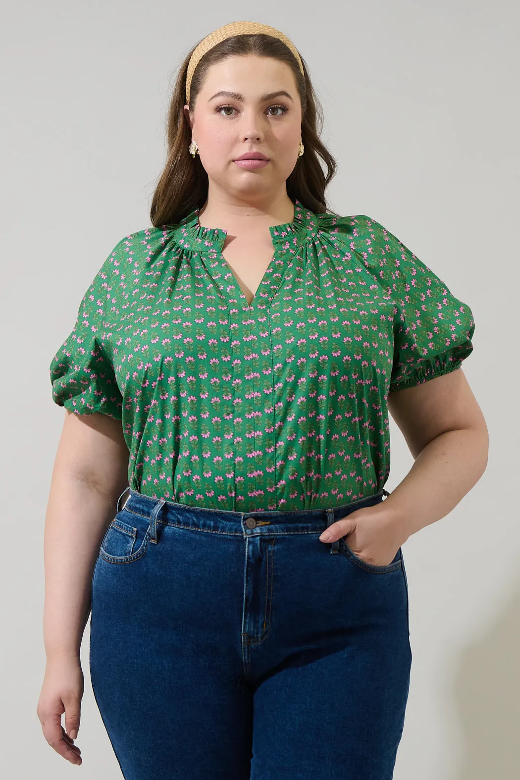 Isha Floral Lena Split Neck Top Curve sold by Sugarlips