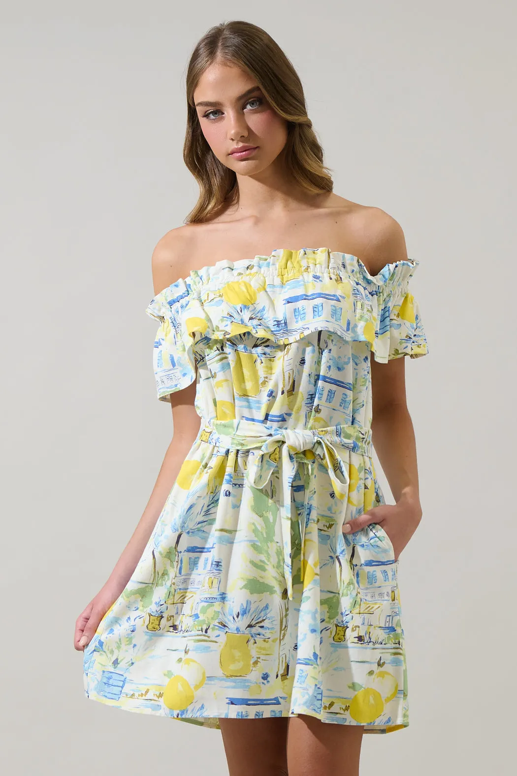 Amalfi Coast Off the Shoulder Ruffle Mini Dress sold by Sugarlips