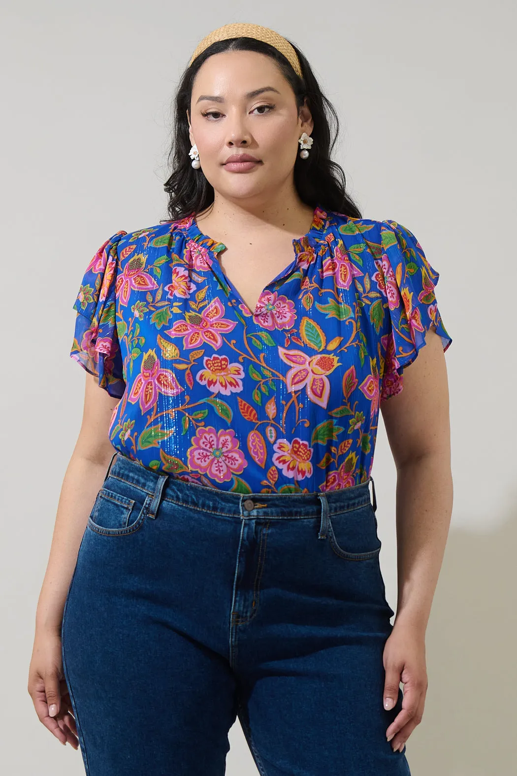 Wendey Floral Montie Ruffle Tie Neck Blouse Curve sold by Sugarlips