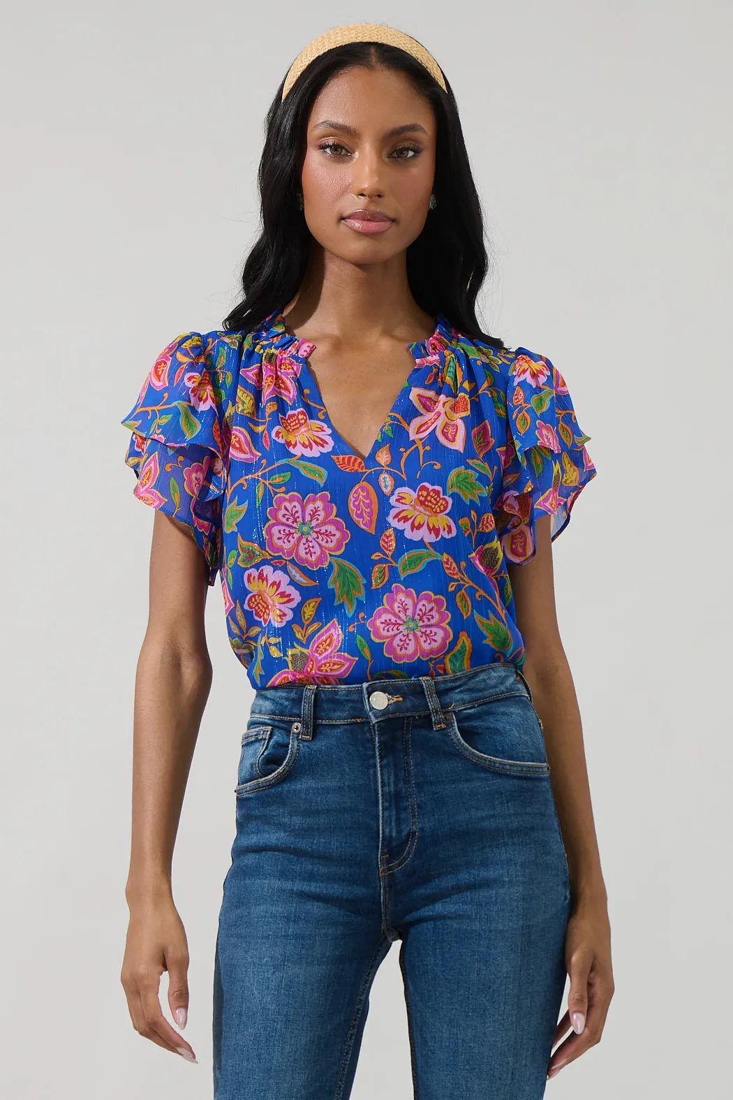 Wendey Floral Montie Ruffle Tie Neck Blouse sold by Sugarlips
