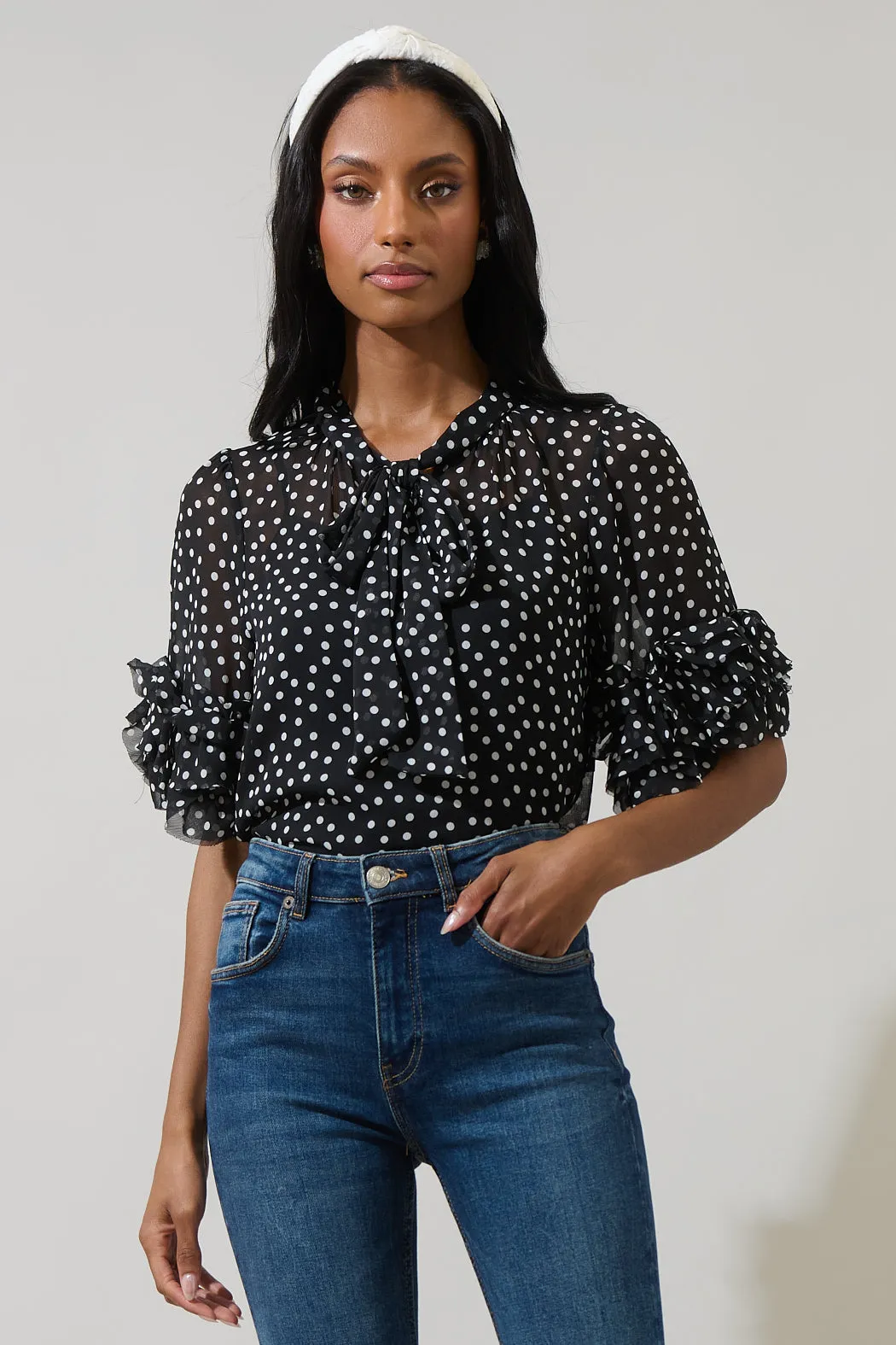 Jinni Dot Lida Tie Neck Top sold by Sugarlips