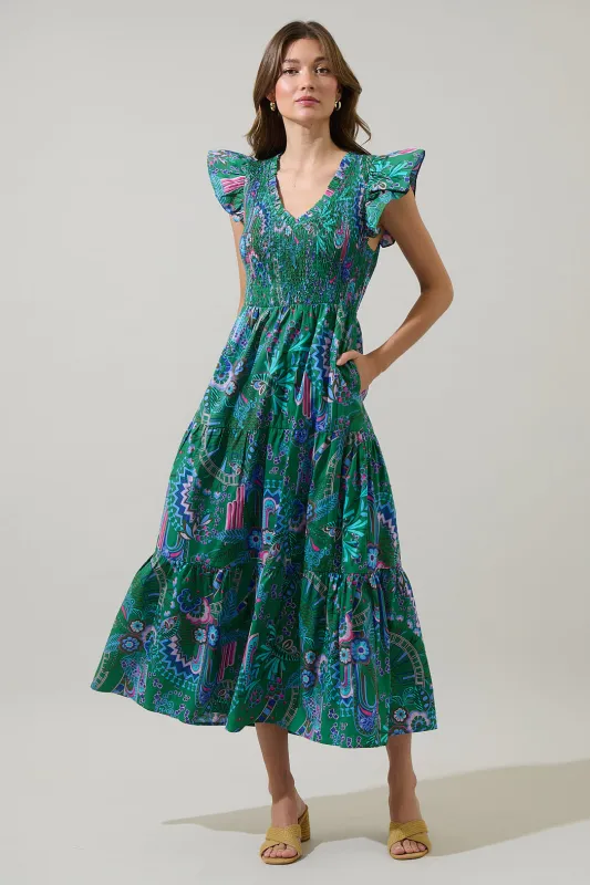Vesper Geo Sunfire Tiered Midi Dress sold by Sugarlips