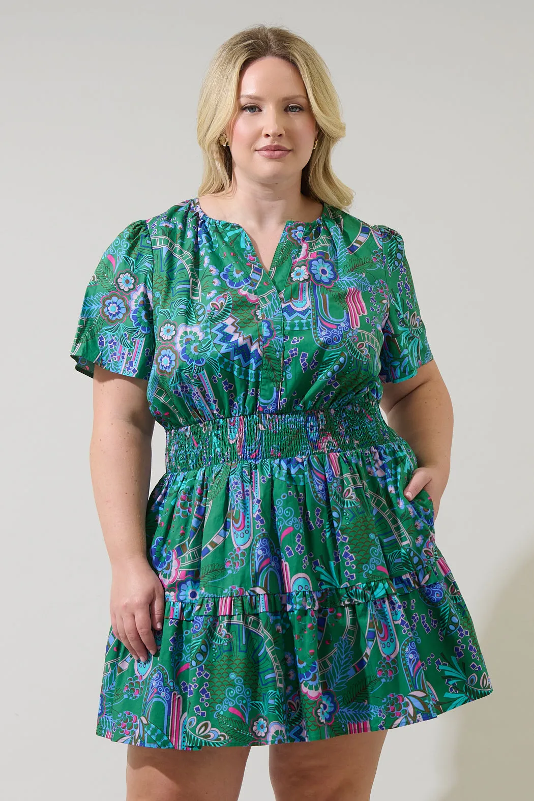 Vesper Geo Aylin Smocked Mini Dress Curve sold by Sugarlips