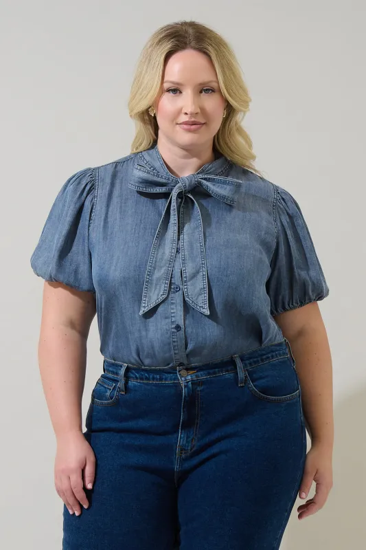 Georgina Chambray Button Front Bow Top Curve sold by Sugarlips