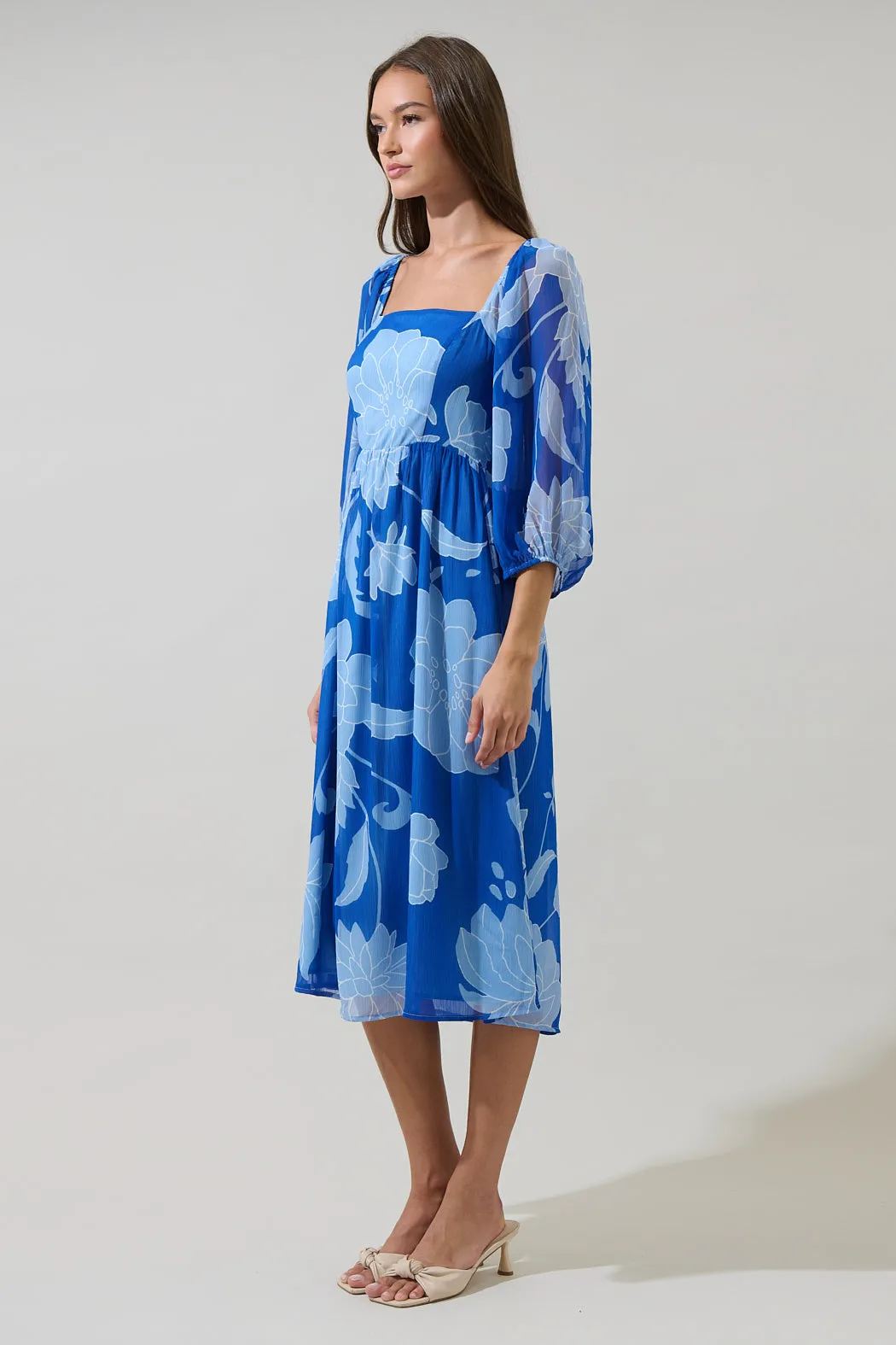 Seabloom Floral Amaretto Puff Sleeve Midi Dress sold by Sugarlips product image thumbnail 3