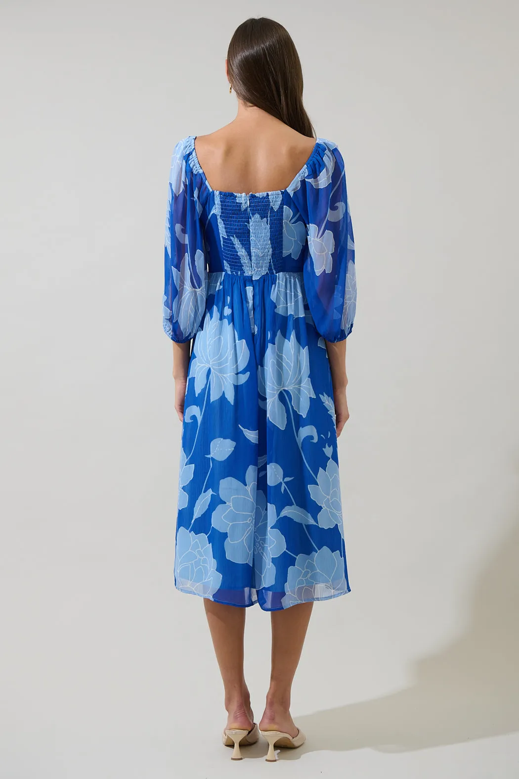 Seabloom Floral Amaretto Puff Sleeve Midi Dress sold by Sugarlips product image thumbnail 2