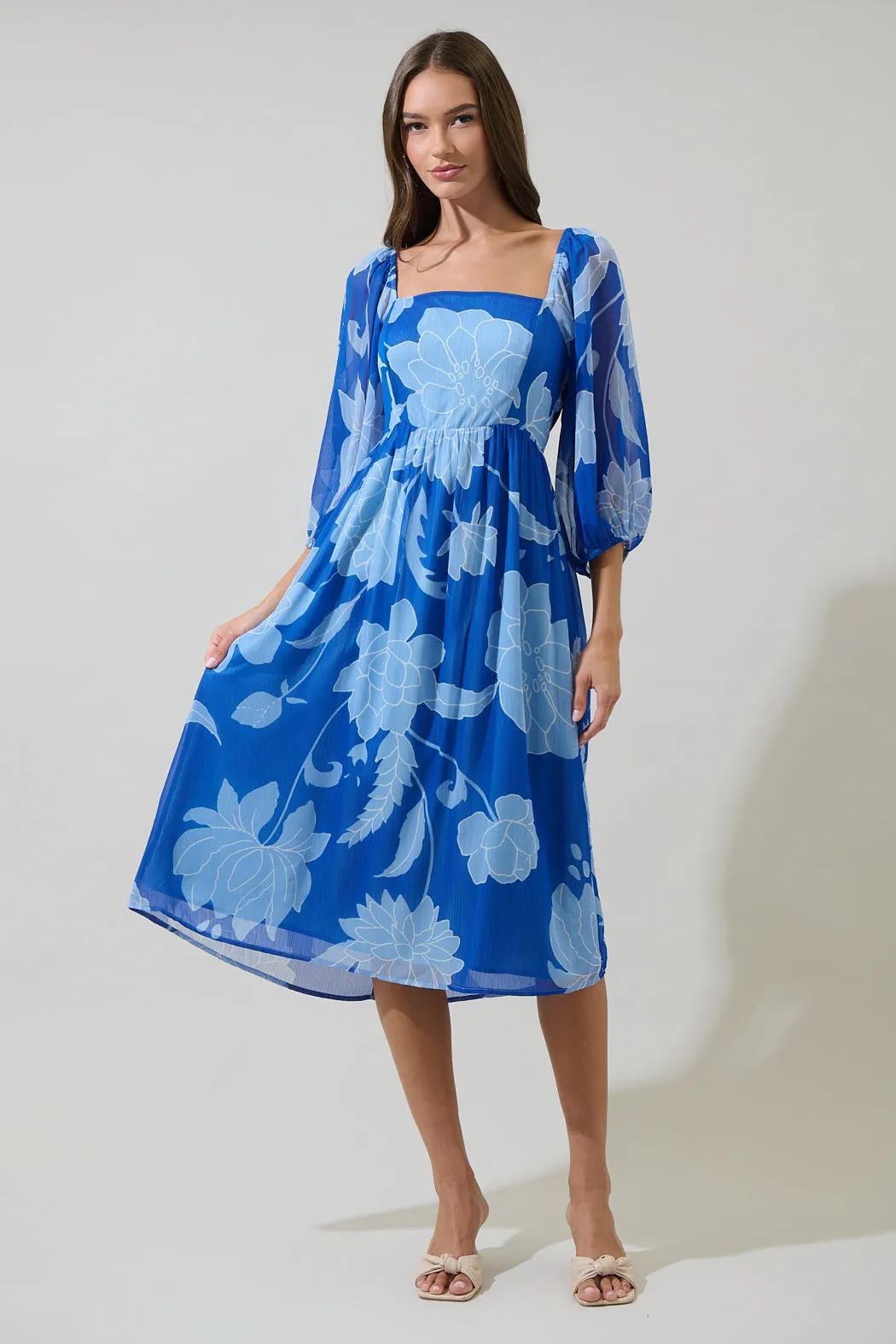 Seabloom Floral Amaretto Puff Sleeve Midi Dress sold by Sugarlips