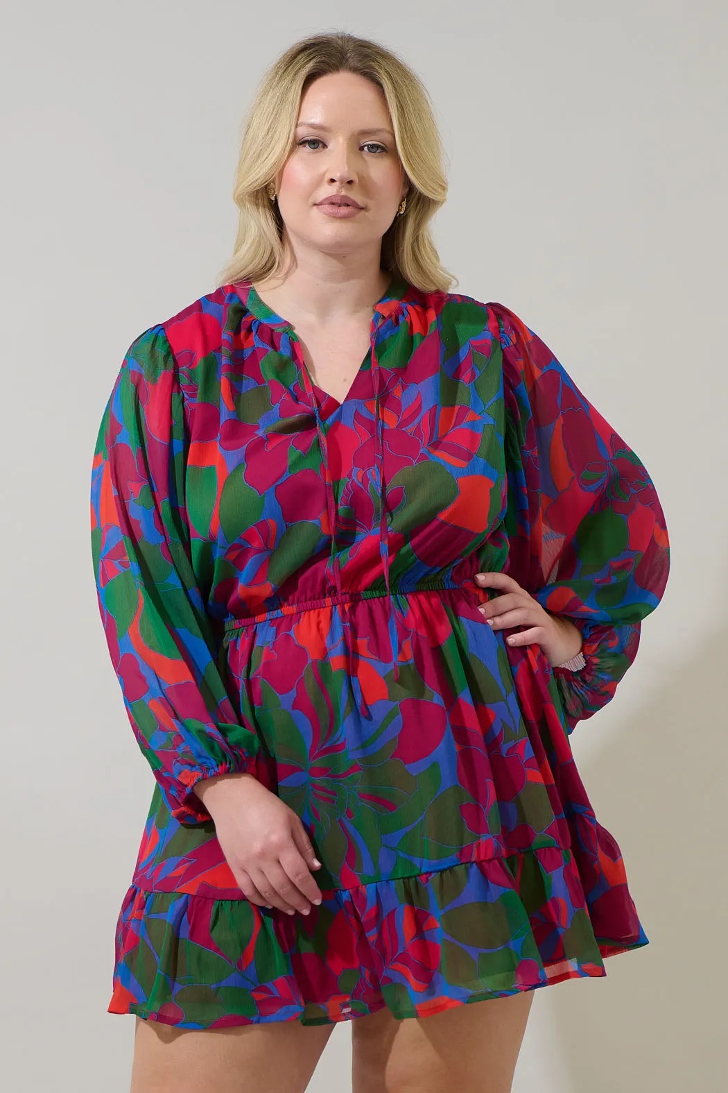 Kaeli Floral Paxton Balloon Sleeve Mini Dress Curve sold by Sugarlips