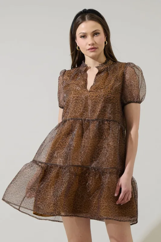 Brass Leopard Organza Tiered Mini Dress sold by Sugarlips