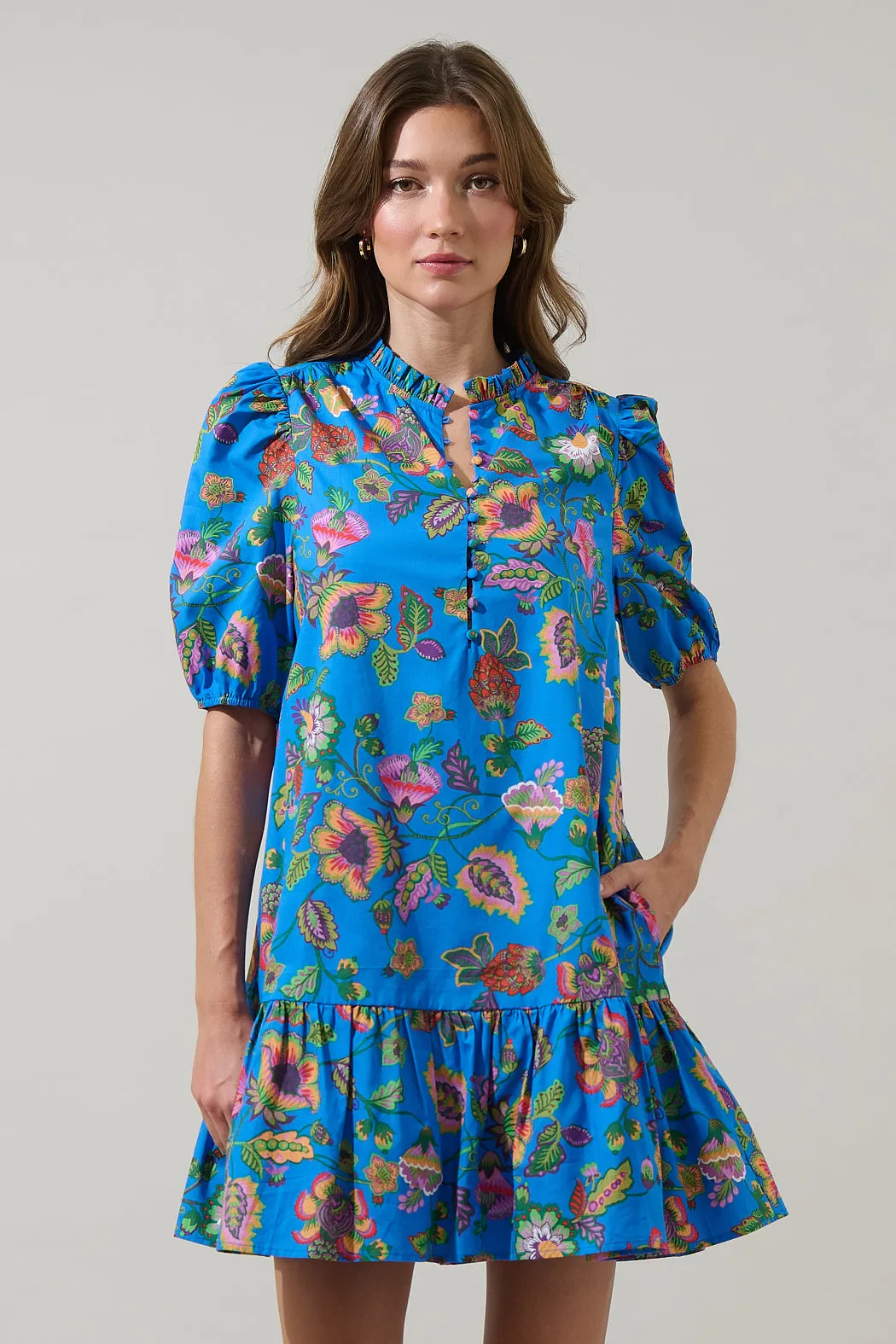 Anabelle Floral Rully Shift Mini Dress sold by Sugarlips