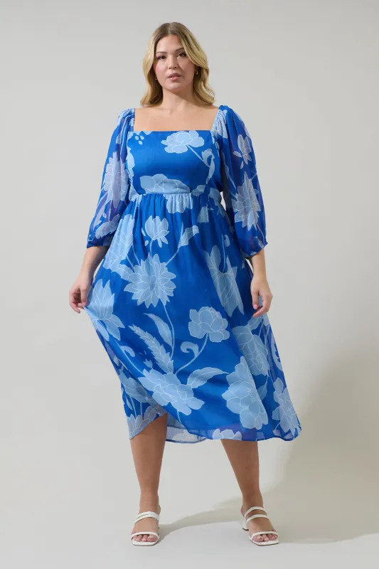 Seabloom Floral Amaretto Puff Sleeve Midi Dress Curve sold by Sugarlips