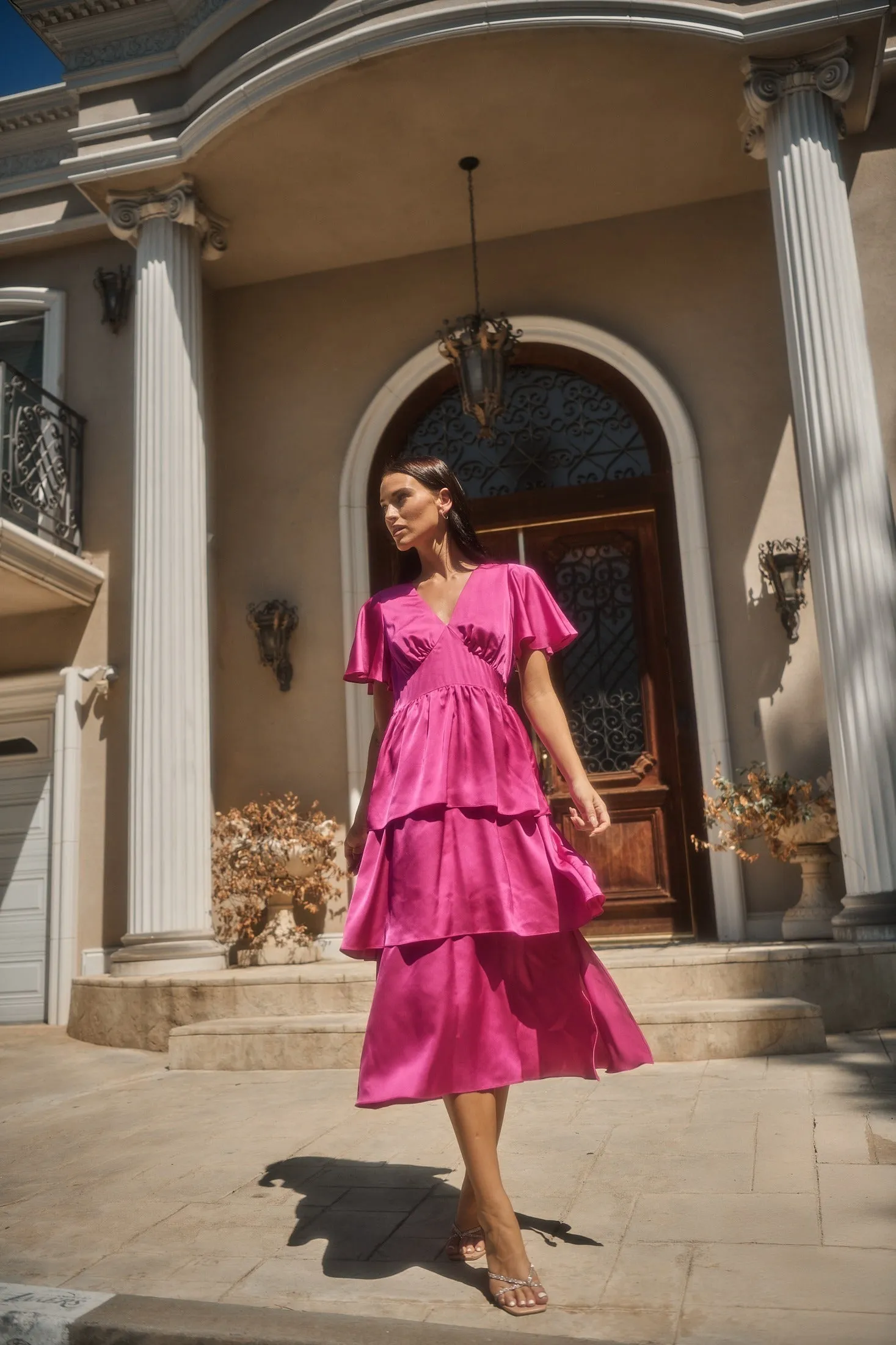 Mendice Satin Tiered Midi Dress sold by Sugarlips