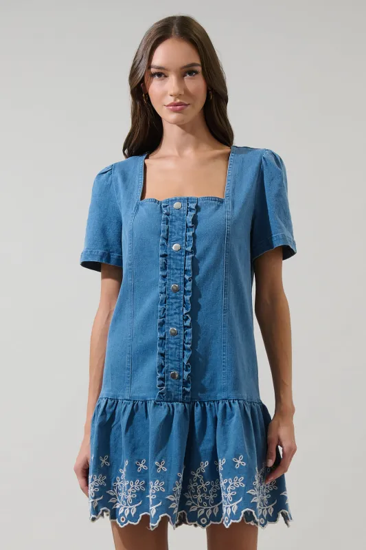 Jamie Denim Embroidered Mini Dress sold by Sugarlips