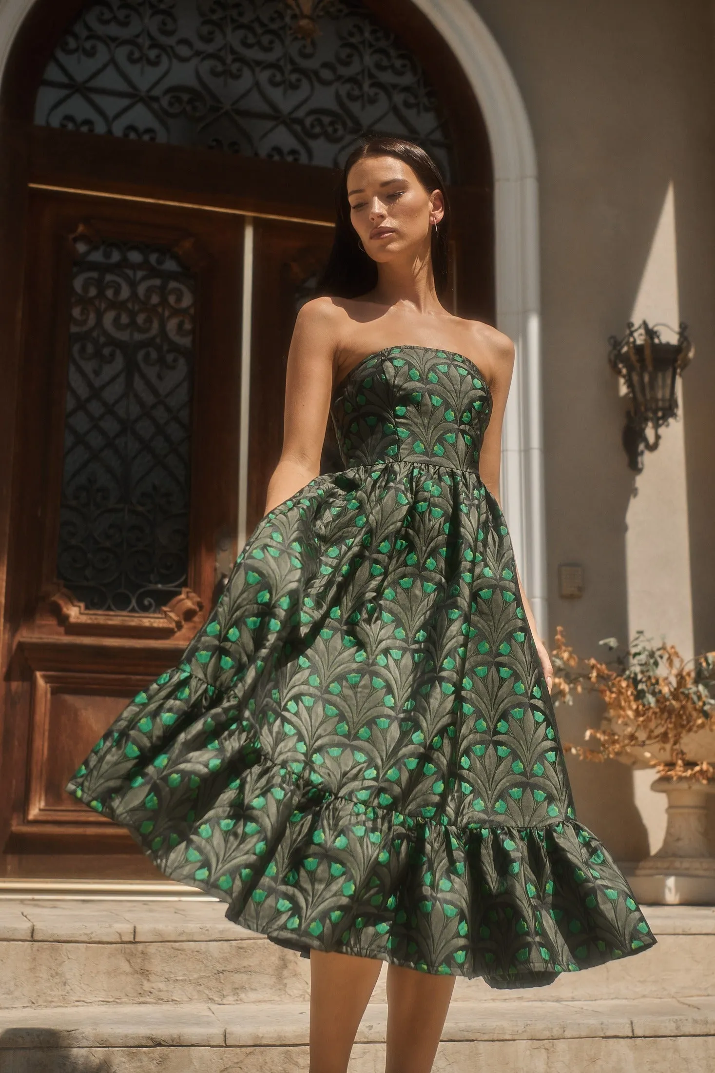 Aurra Jacquard Strapless Midi Dress sold by Sugarlips