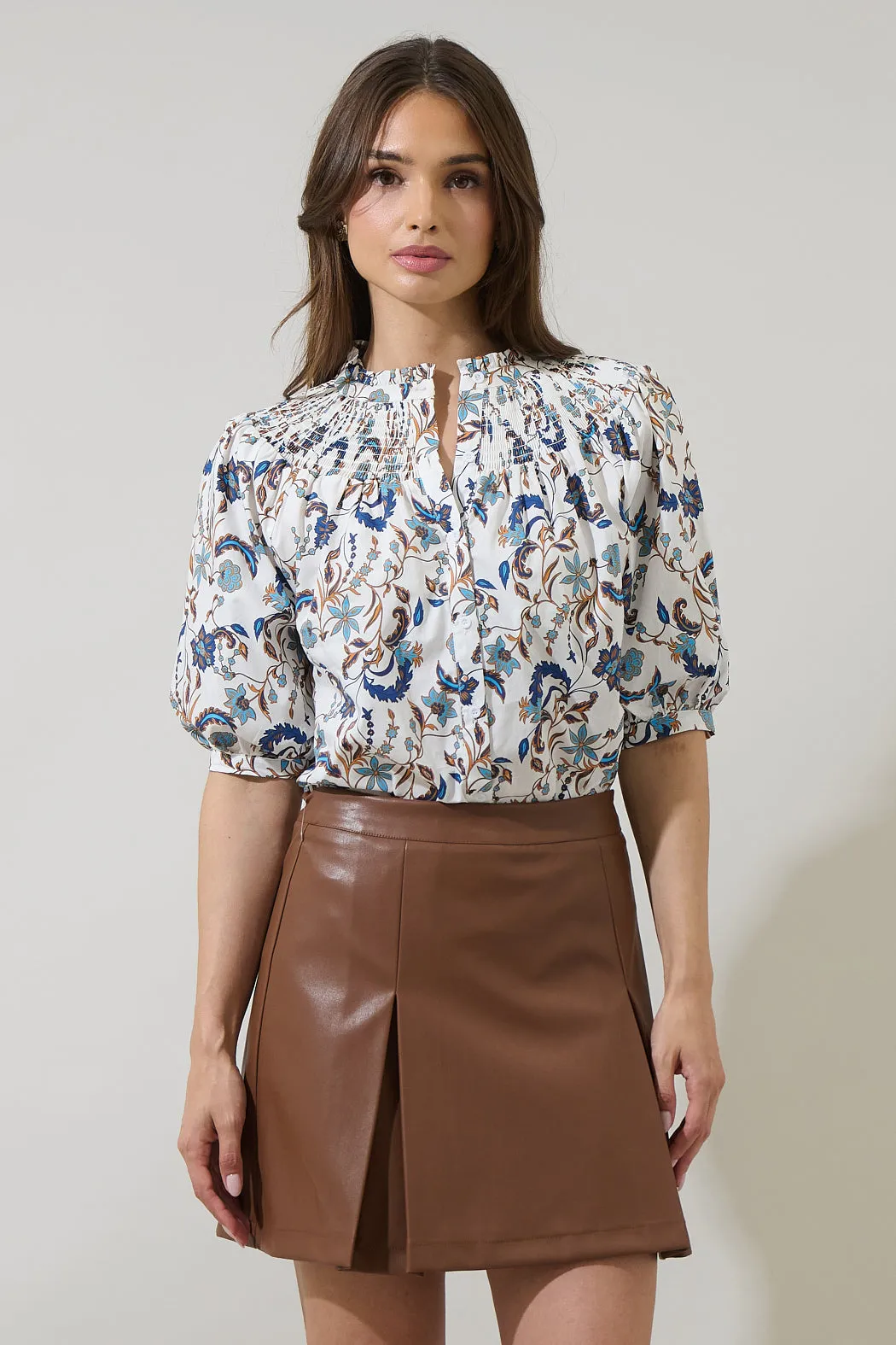 Ralston Floral Blossom Smocked Mock Neck Top sold by Sugarlips
