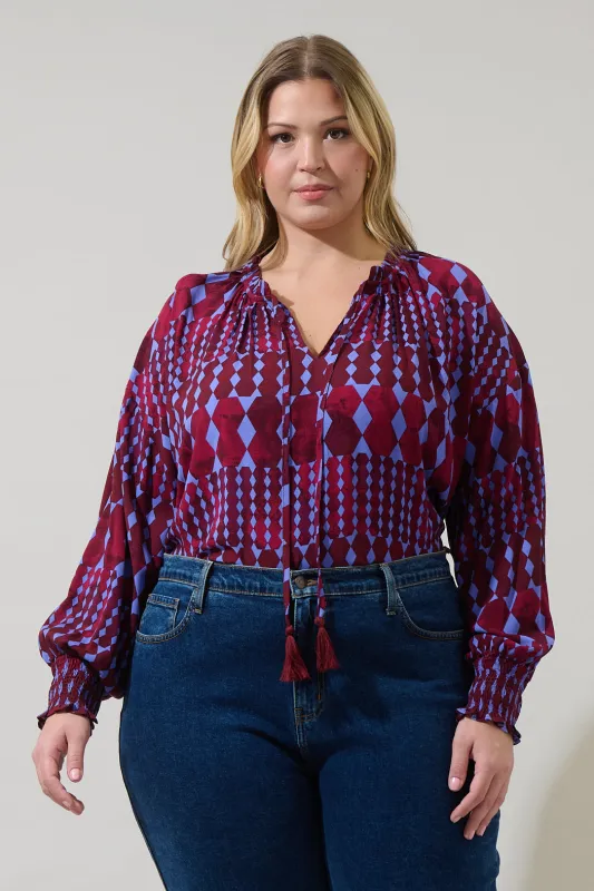 Ramsay Abstract Weylin Split Neck Tassel Blouse Curve sold by Sugarlips