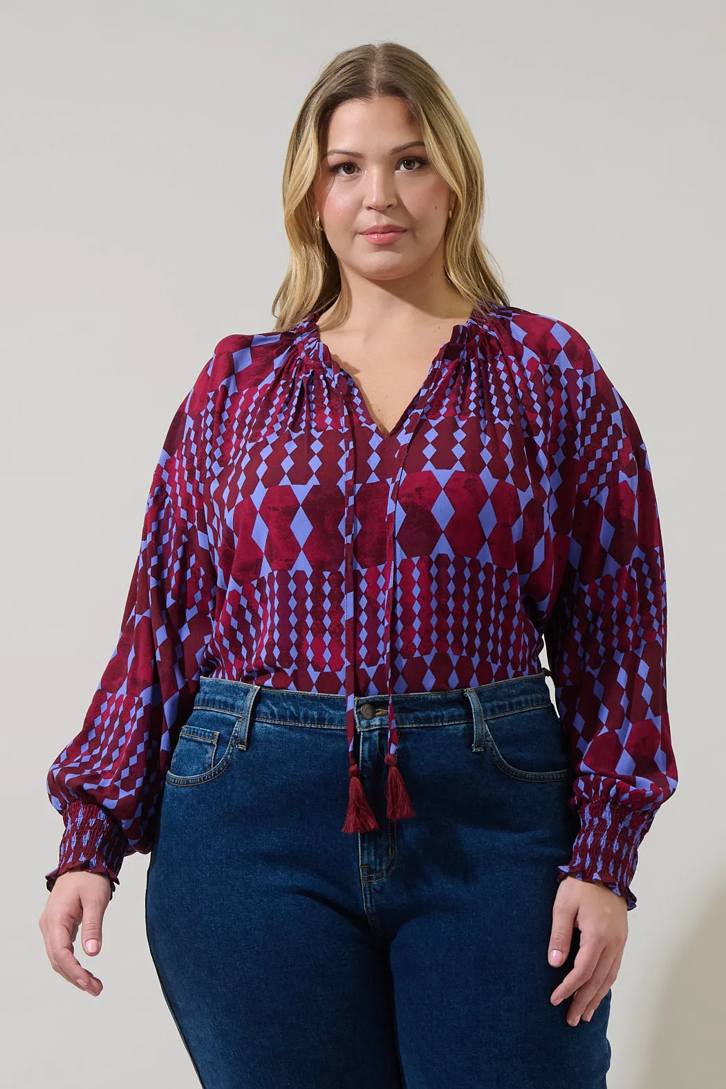 Ramsay Abstract Weylin Split Neck Tassel Blouse Curve sold by Sugarlips