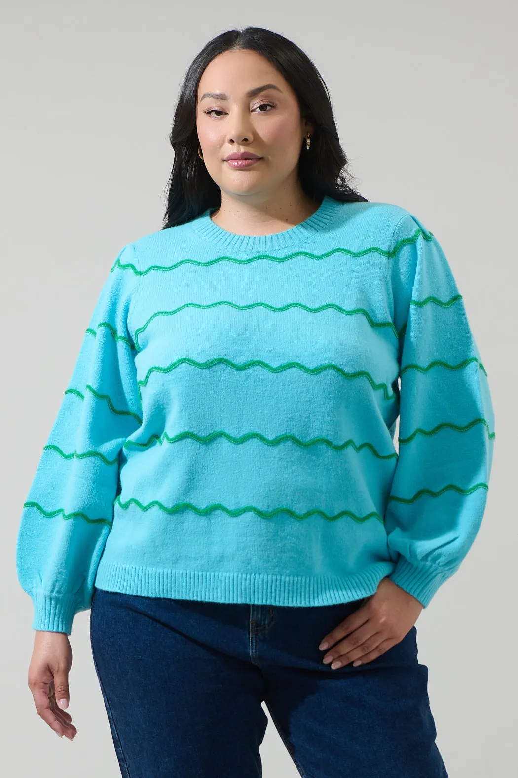 Maeverly Wavy Stripe Balloon Sleeve Sweater Curve sold by Sugarlips
