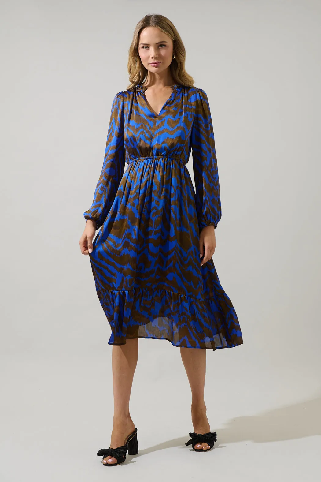 Krista Abstract Fabiola Split Neck Midi Dress sold by Sugarlips