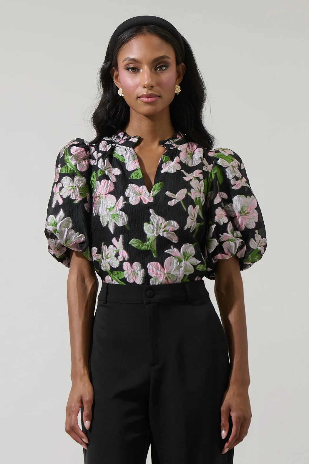 Elsinore Floral Jacquard Split Neck Top sold by Sugarlips