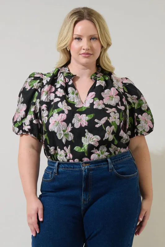 Elsinore Floral Jacquard Split Neck Top Curve sold by Sugarlips