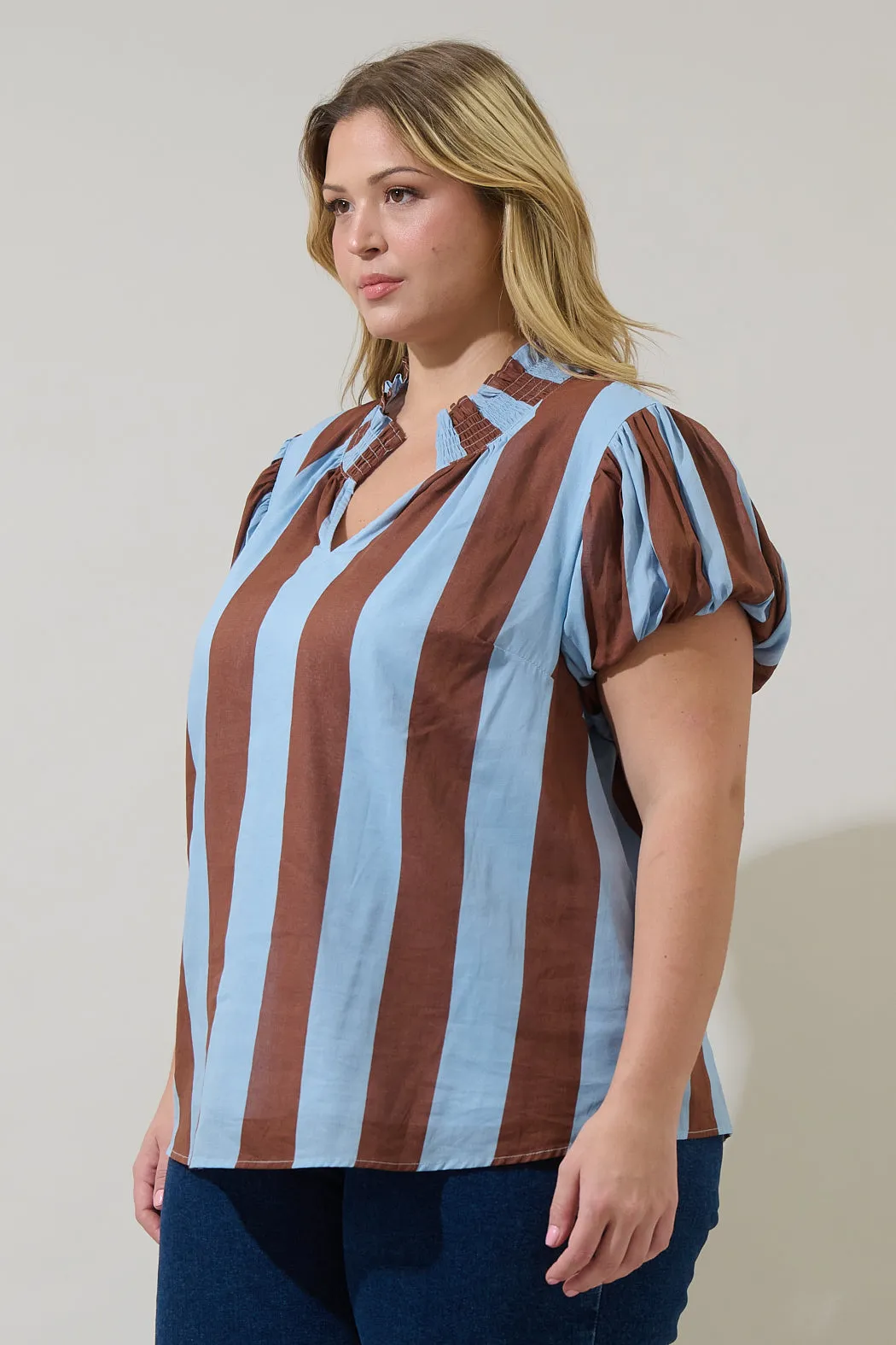 Evabelle Stripe Poly Smocked Top Curve sold by Sugarlips product image thumbnail 3