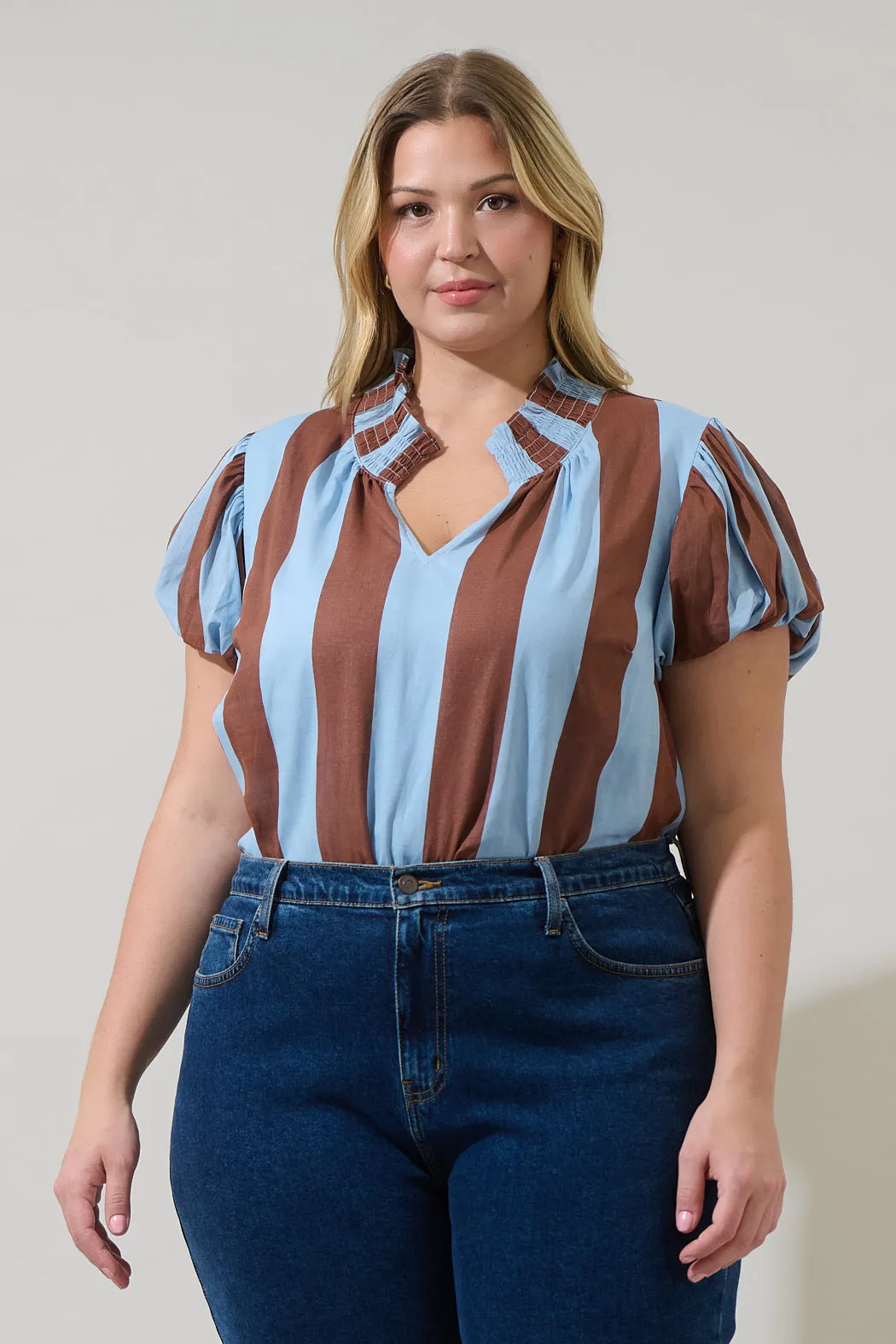 Evabelle Stripe Poly Smocked Top Curve sold by Sugarlips