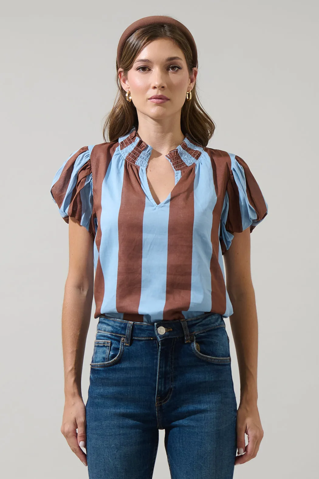 Evabelle Stripe Poly Smocked Top sold by Sugarlips