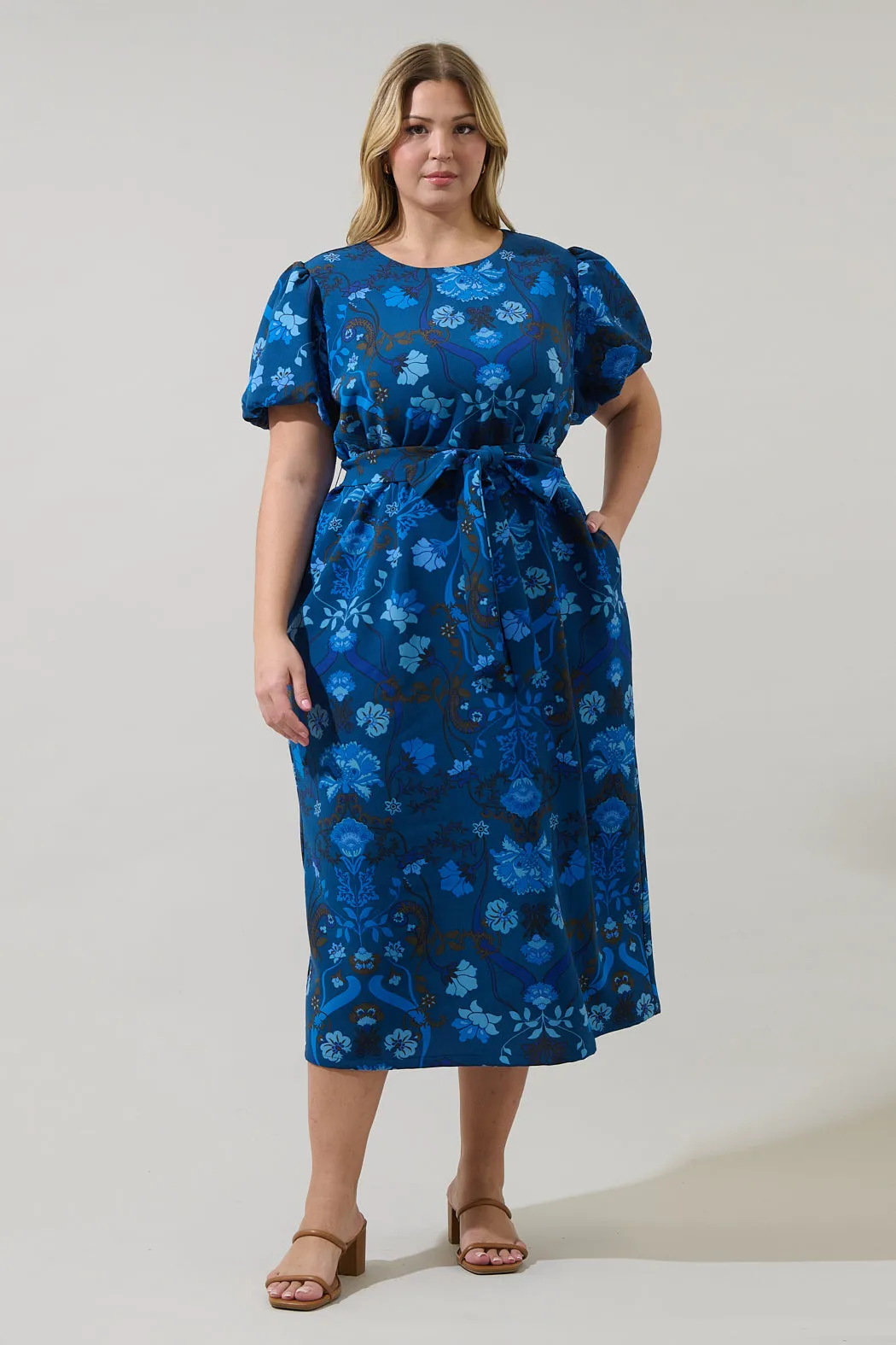 Palmate Floral Senidy Puff Sleeve Midi Dress Curve sold by Sugarlips