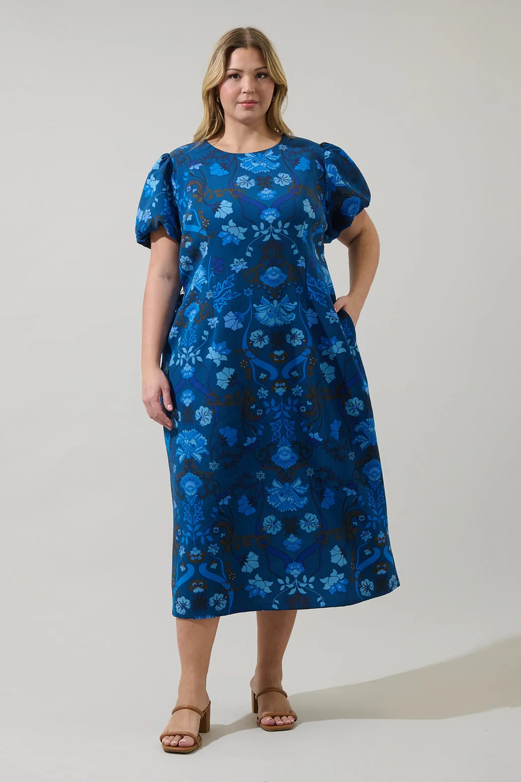 Palmate Floral Senidy Puff Sleeve Midi Dress Curve sold by Sugarlips product image thumbnail 5