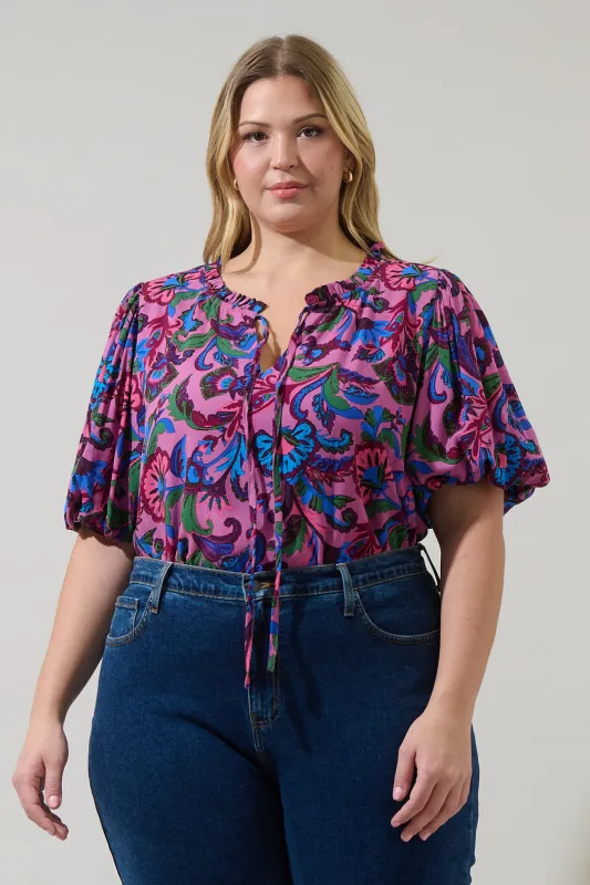 Valier Floral Bluebay Puff Sleeve Blouse Curve sold by Sugarlips