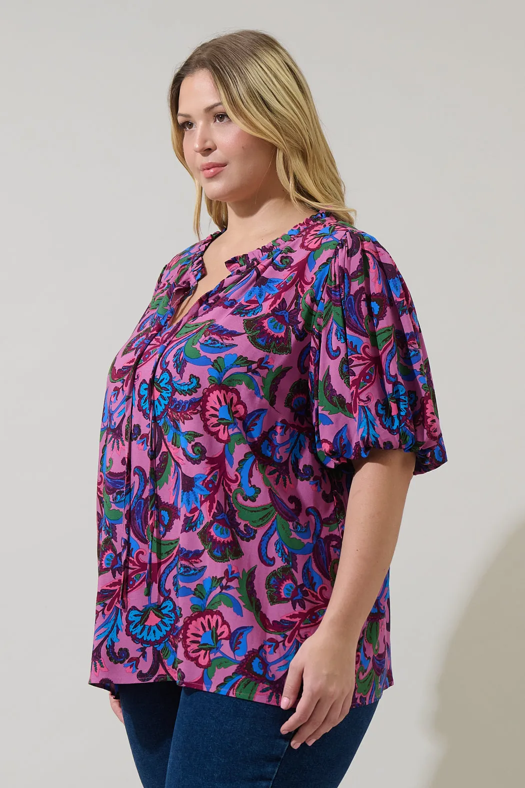 Valier Floral Bluebay Puff Sleeve Blouse Curve sold by Sugarlips product image thumbnail 3