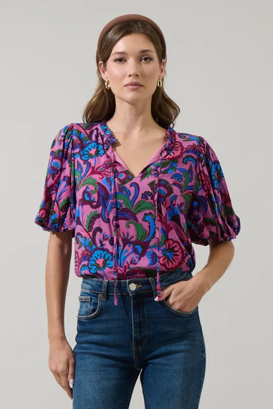 Valier Floral Bluebay Puff Sleeve Blouse sold by Sugarlips