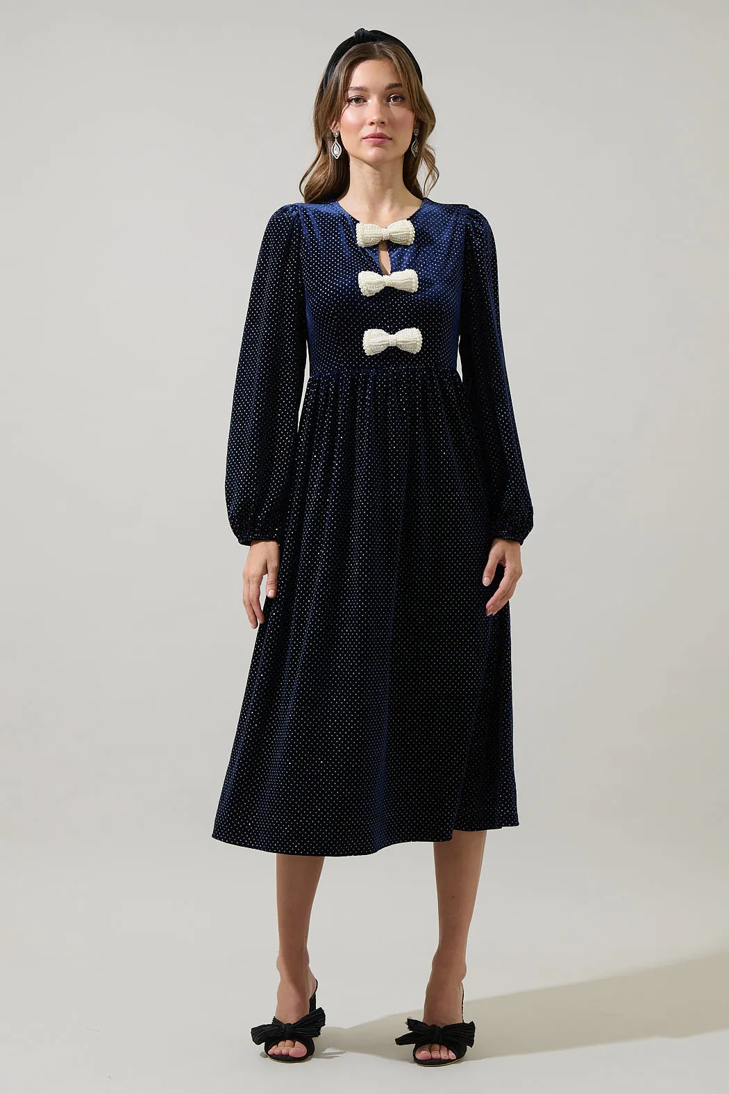 Nelly Dot Velvet Glow Bow Midi Dress sold by Sugarlips