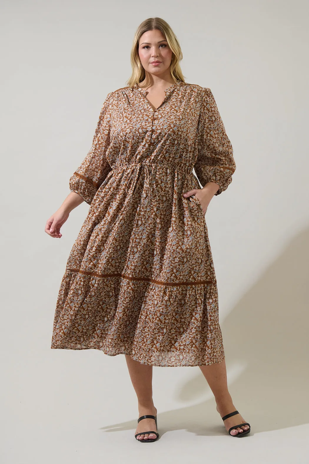 Ramsey Ditsy Harmy Drawstring Midi Dress Curve sold by Sugarlips