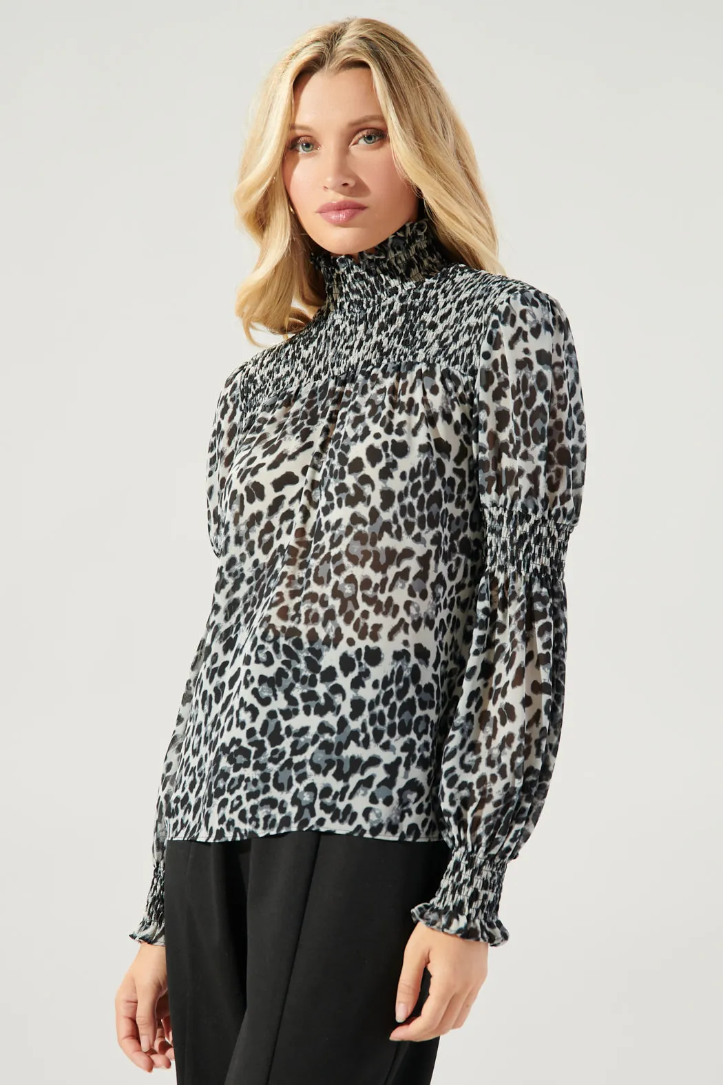 Katherine Leopard Mock Neck Smocked Detail Blouse sold by Sugarlips product image thumbnail 3