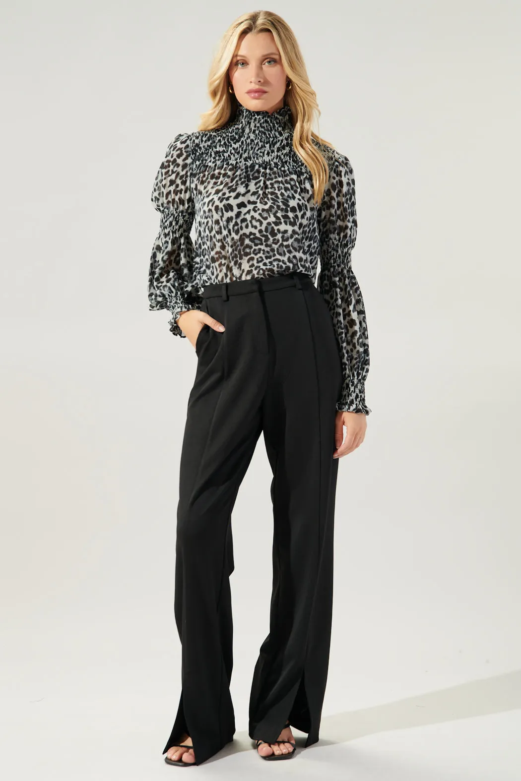 Katherine Leopard Mock Neck Smocked Detail Blouse sold by Sugarlips product image thumbnail 4