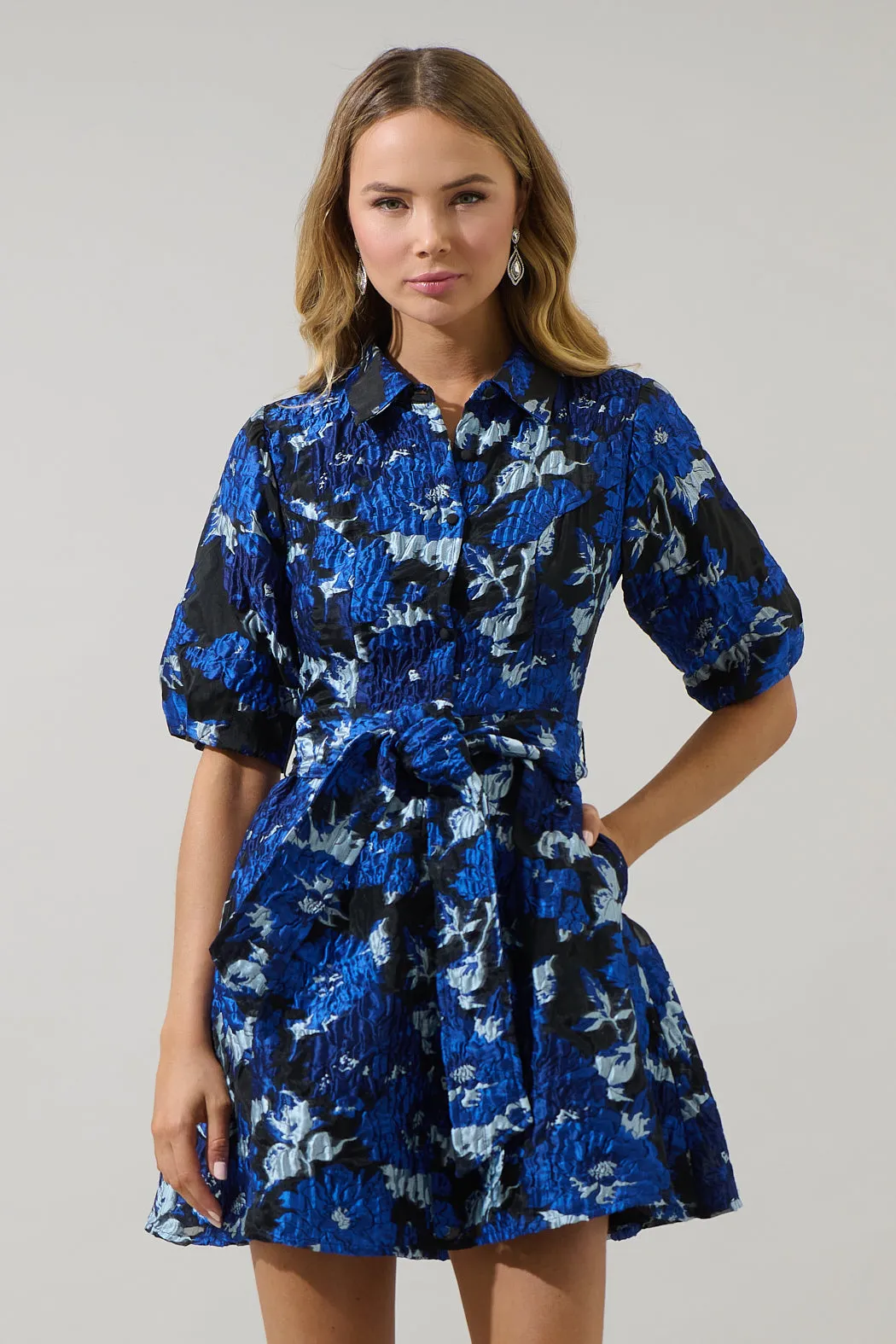 Glenna Jacquard Button Down Mini Dress sold by Sugarlips