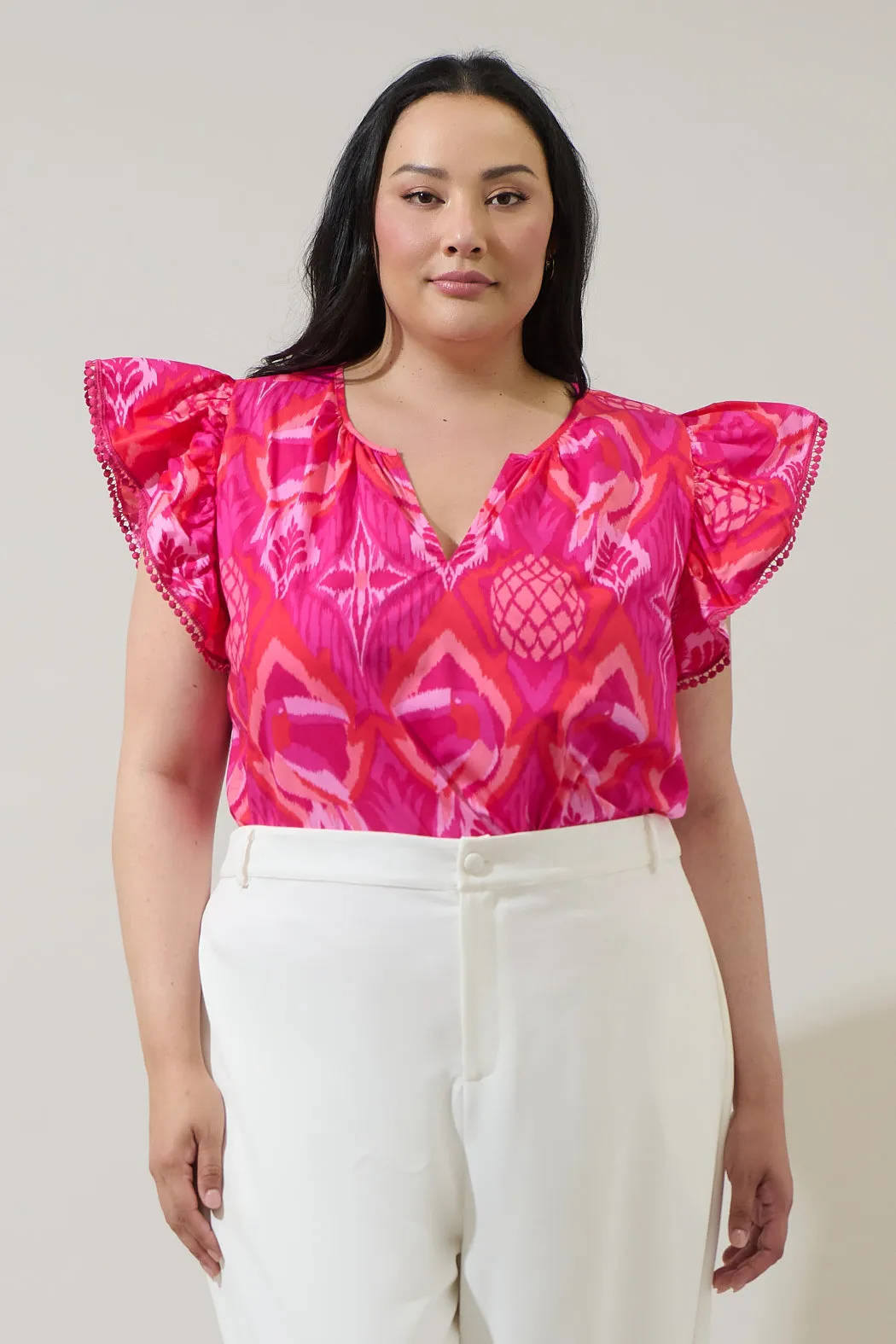 Prissa Ikat Carya Ruffle Poplin Top Curve sold by Sugarlips