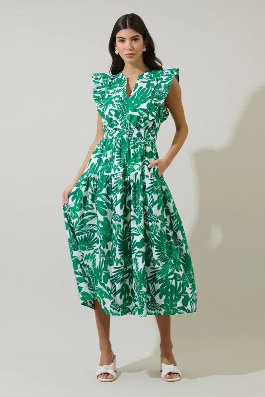 Masey Tropical Virna Ruffle Midi Dress sold by Sugarlips