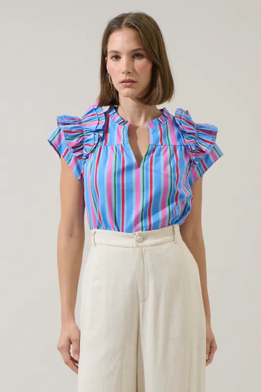 Jaimie Stripes Ramona Ruffle Split Neck Top sold by Sugarlips