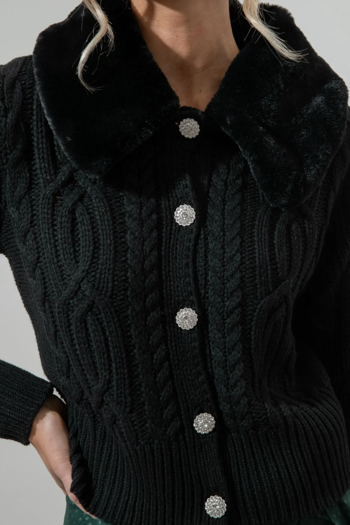 In a Flurry Cable Knit Detachable Fur Collar Cardigan sold by Sugarlips product image thumbnail 4