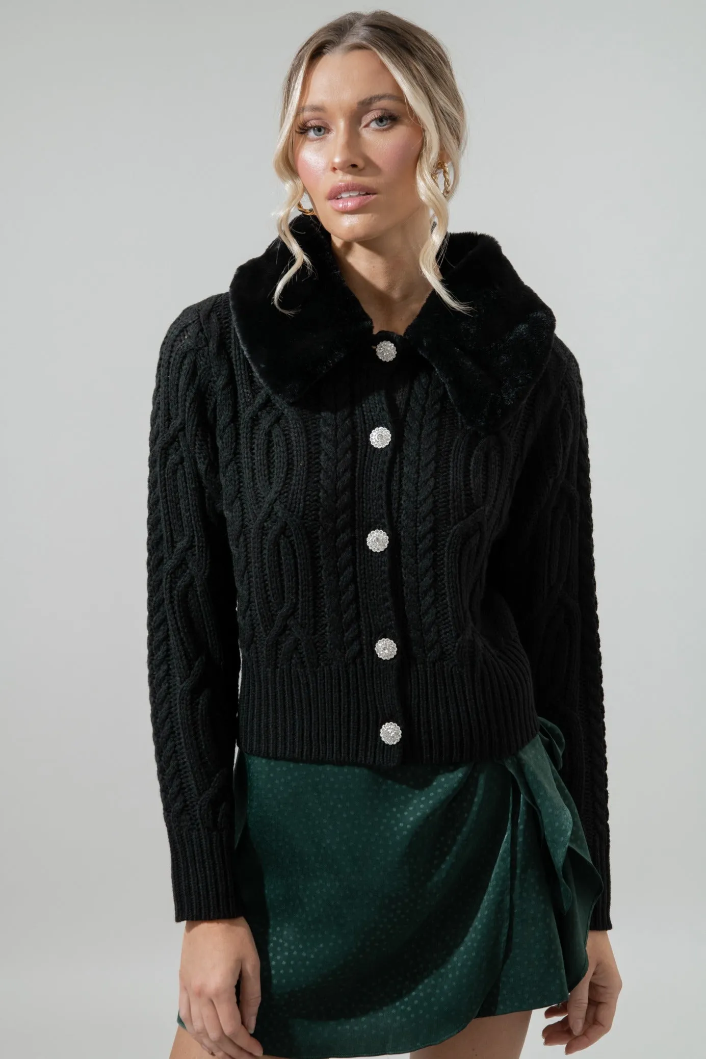 In a Flurry Cable Knit Detachable Fur Collar Cardigan sold by Sugarlips