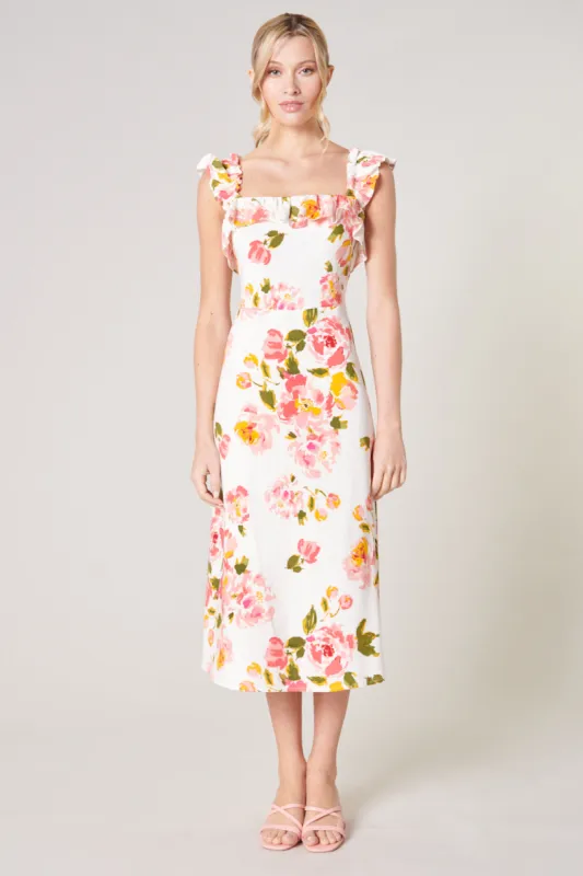 Magdalena Floral Ruffle Trim Milo Midi Dress sold by Sugarlips